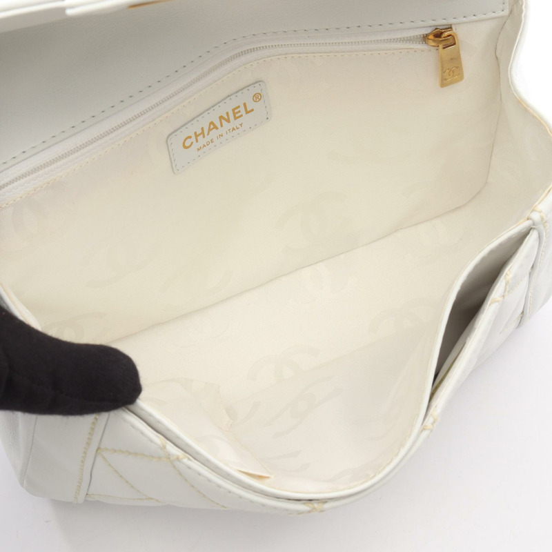 香奈兒 (CHANEL) 野性縫線手提包，白色皮革，二手，女士，金色五金-2