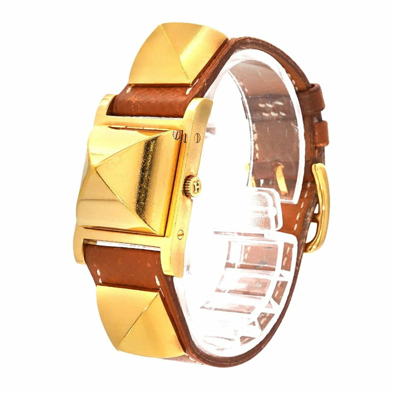 愛馬仕 Medor 女士金字塔金鉚釘腕錶，白色和棕色皮革錶帶，石英機芯-1