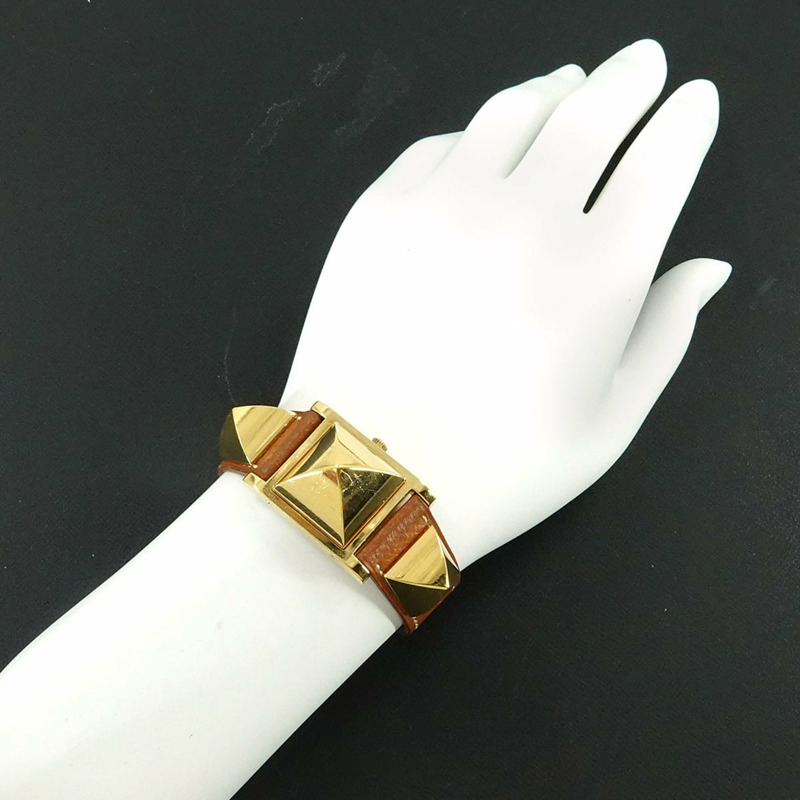 愛馬仕 Medor 女士金字塔金鉚釘腕錶，白色和棕色皮革錶帶，石英機芯-2