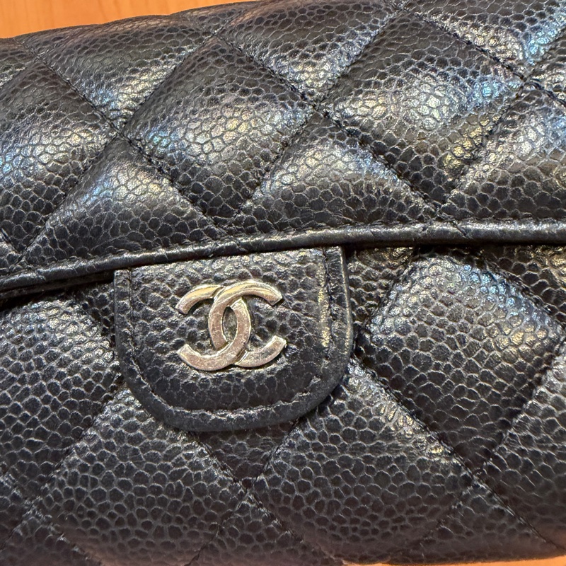 Chanel 黑荔枝皮銀釦三折中夾AP0232-1