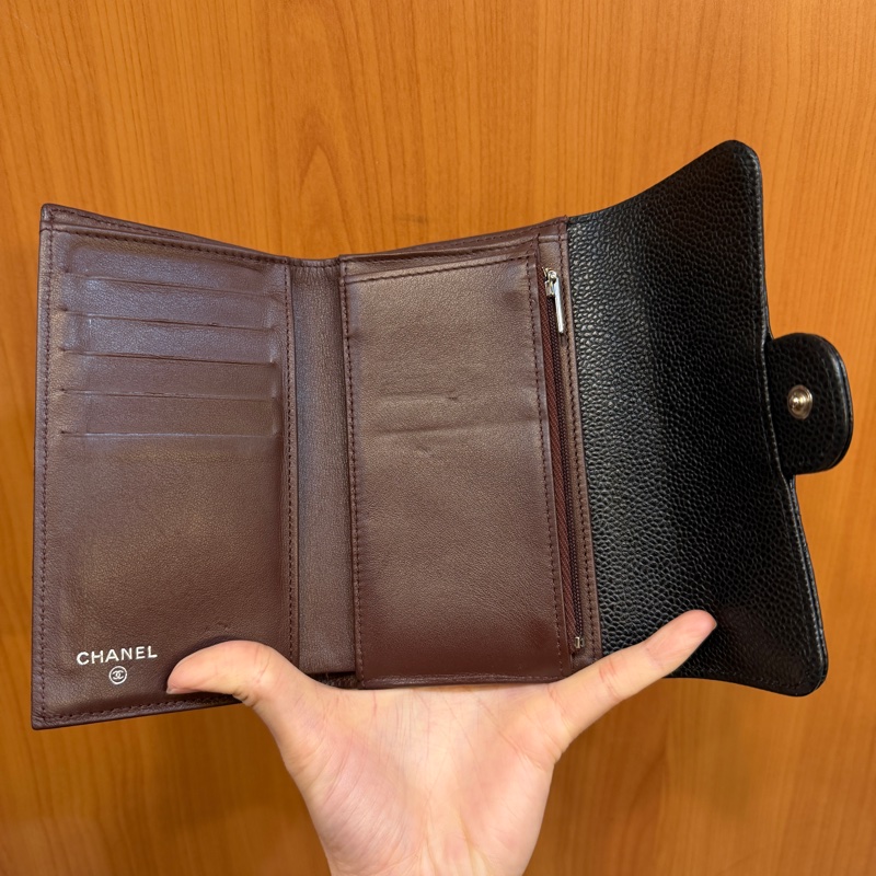 Chanel 黑荔枝皮銀釦三折中夾AP0232-11