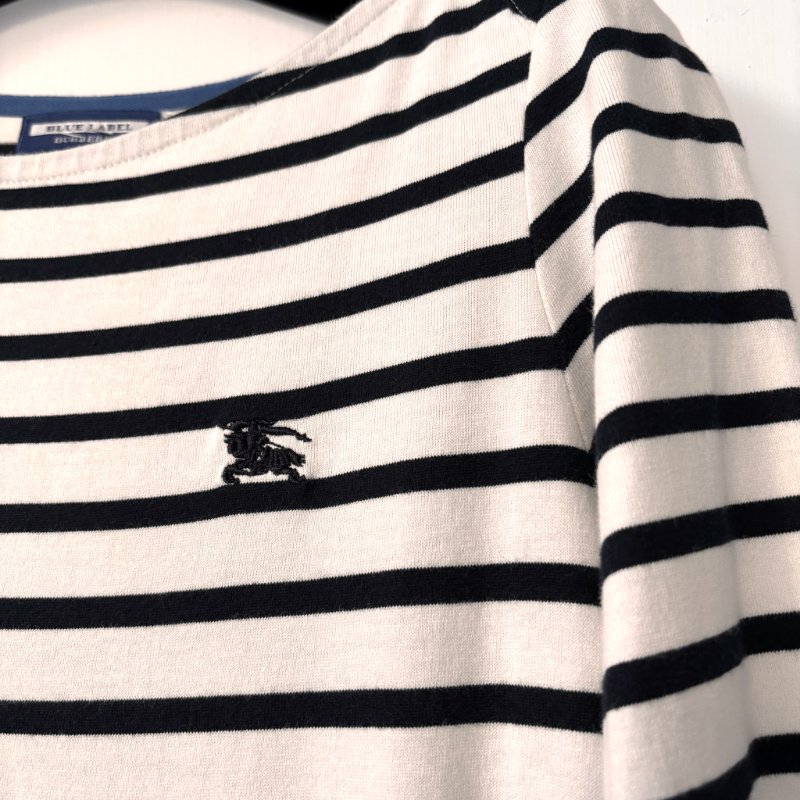 ::BURBERRY:: 戰馬刺繡 白色橫條紋洋裝 38號-4