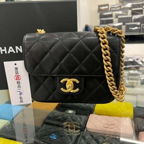 東區正精品㊣CHANEL AS3790 23S 近全新香奈兒黑色牛皮金字金鍊雙鍊方胖肩背包斜背包口蓋包 RZ4895