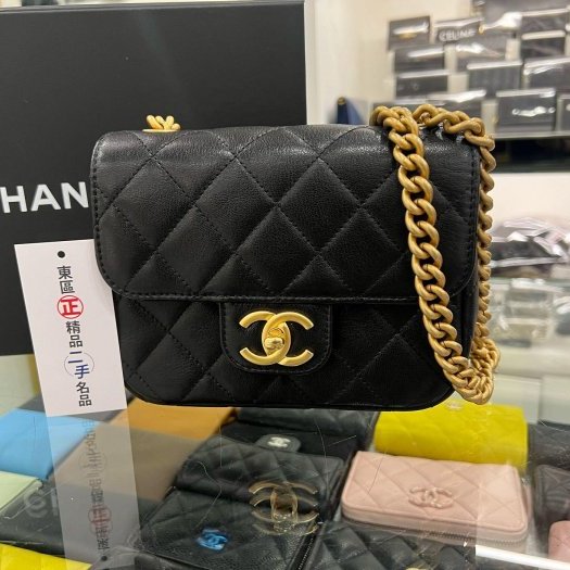 東區正精品㊣CHANEL AS3790 23S 近全新香奈兒黑色牛皮金字金鍊雙鍊方胖肩背包斜背包口蓋包 RZ4895-0