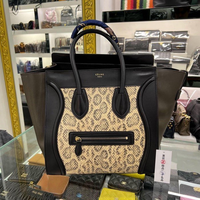 ㊣東區正精品㊣CELINE Micro 黑色灰色蟒蛇皮紋手提包冏包中型 RZ6080-0