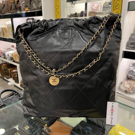 東區正精品㊣CHANEL 22 BAG AS3262 香奈兒黑色全皮金字金幣金鍊肩背包購物袋包大款 RZ6082-6