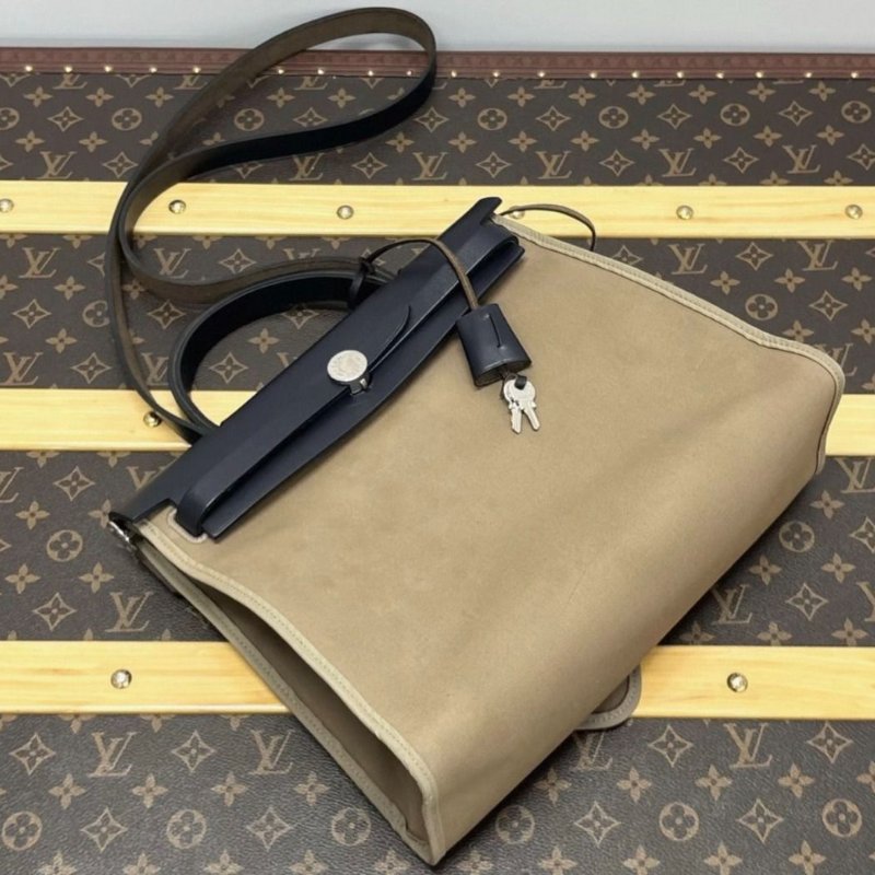 HERMES 帆布拼皮herbag31手提斜背包 31*25*11 98新配件塵袋鎖鑰匙-0
