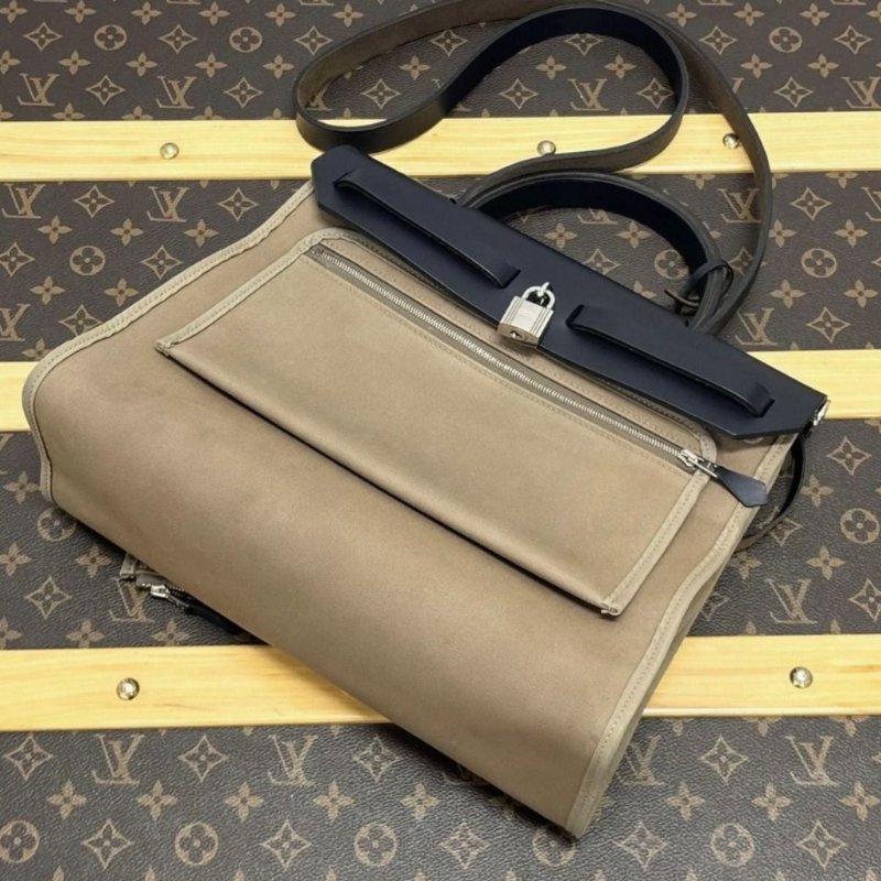 HERMES 帆布拼皮herbag31手提斜背包 31*25*11 98新配件塵袋鎖鑰匙-1