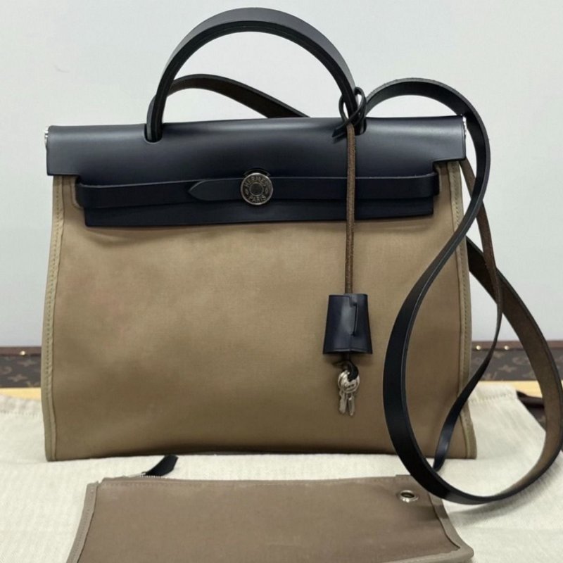 HERMES 帆布拼皮herbag31手提斜背包 31*25*11 98新配件塵袋鎖鑰匙-5
