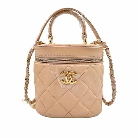 【2297】香奈兒   CHANEL  Tradycc 稜格紋皮穿鏈翻蓋 羊皮 化妝盒斜挎包手提包 小號 淺米色