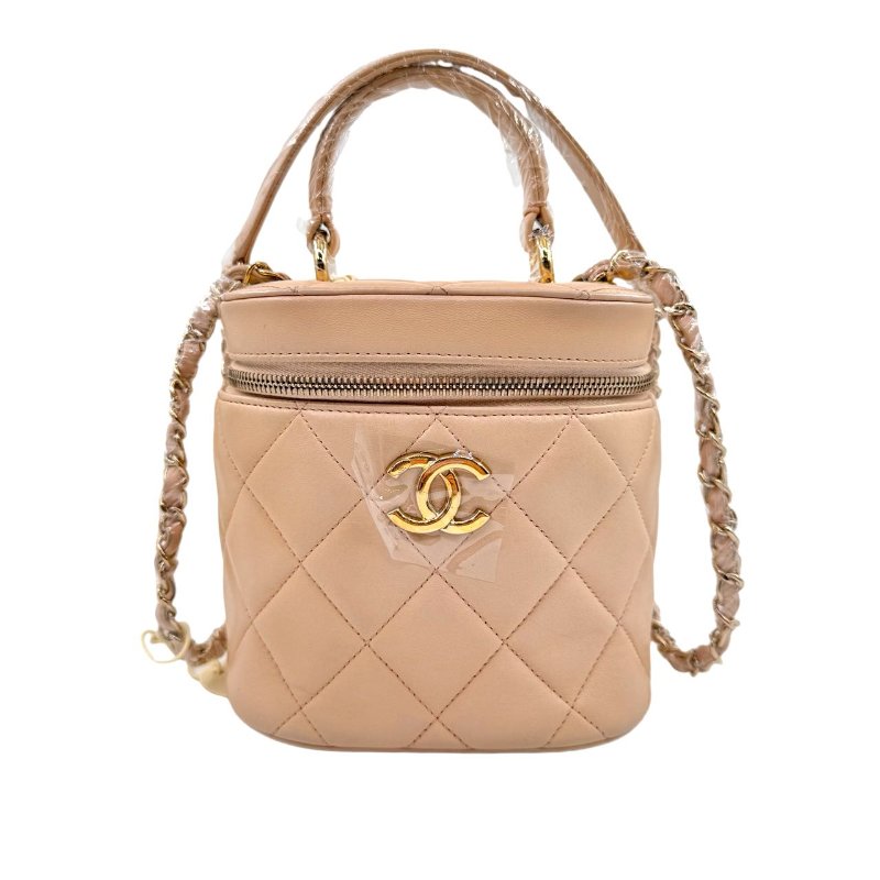 【2297】香奈兒   CHANEL  Tradycc 稜格紋皮穿鏈翻蓋 羊皮 化妝盒斜挎包手提包 小號 淺米色-0