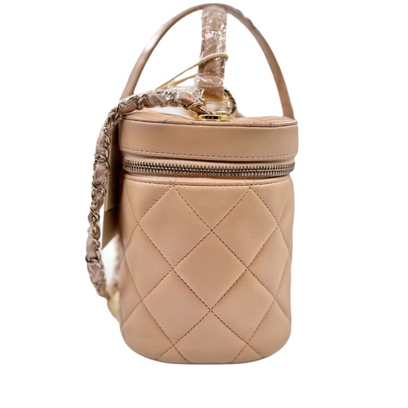 【2297】香奈兒   CHANEL  Tradycc 稜格紋皮穿鏈翻蓋 羊皮 化妝盒斜挎包手提包 小號 淺米色-3