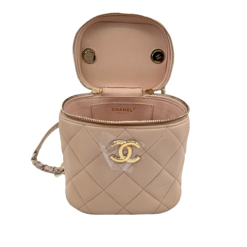 【2297】香奈兒   CHANEL  Tradycc 稜格紋皮穿鏈翻蓋 羊皮 化妝盒斜挎包手提包 小號 淺米色-5