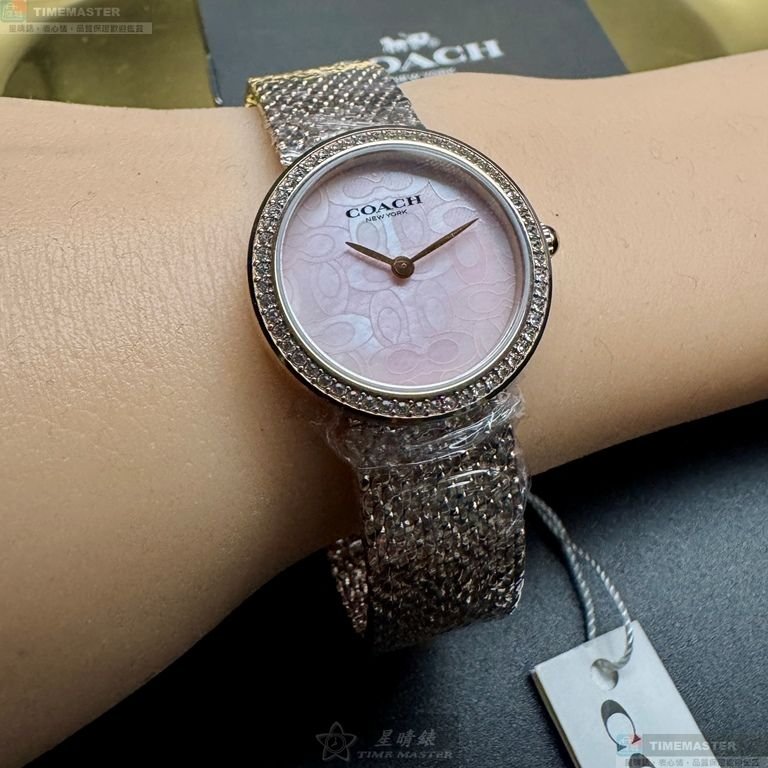 COACH手錶,編號CH00252,28mm玫瑰金圓形精鋼錶殼,粉紅色中二針顯示, 貝母錶面,玫瑰金色米蘭錶帶款-7