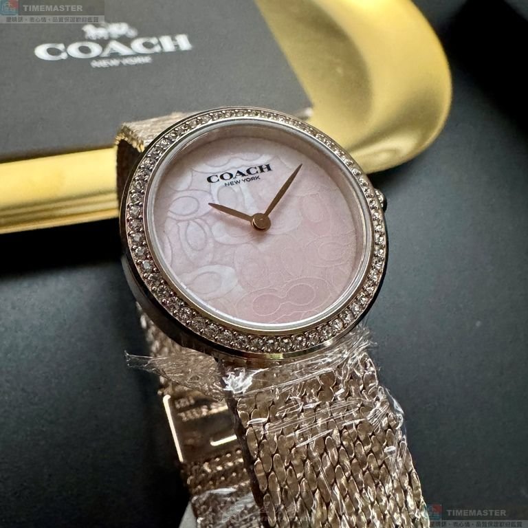 COACH手錶,編號CH00252,28mm玫瑰金圓形精鋼錶殼,粉紅色中二針顯示, 貝母錶面,玫瑰金色米蘭錶帶款-8