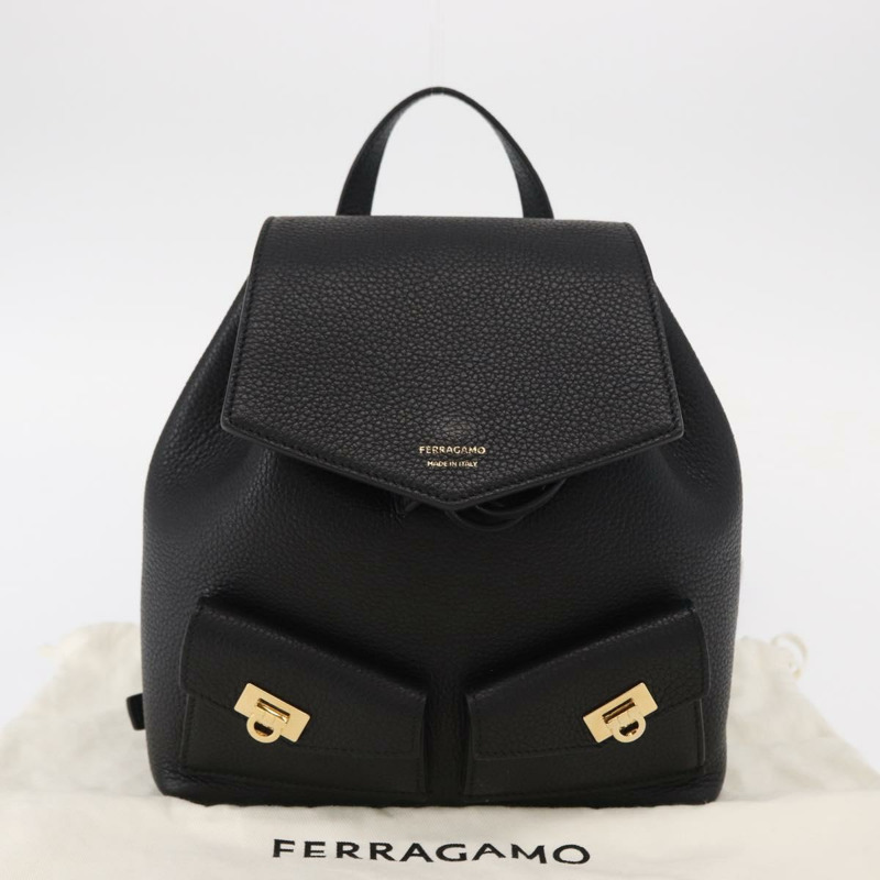 【日本直送】Salvatore Ferragamo Gancini 皮革雙肩包 黑色 金色 正品 154075SM-11