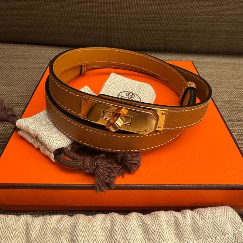 Hermes kelly扣 金棕金扣 stamp Z腰帶 腰圍可調-0