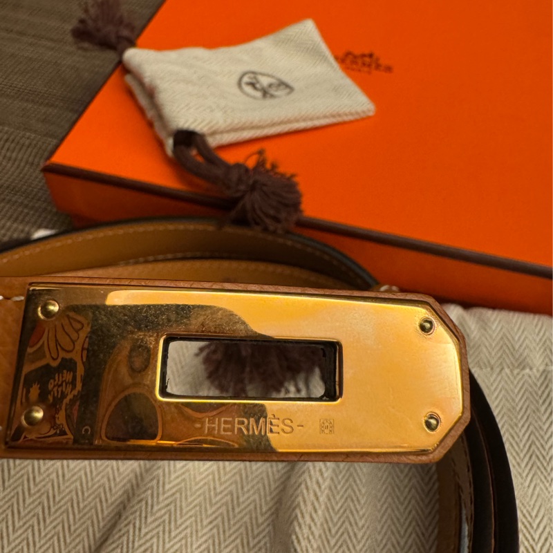 Hermes kelly扣 金棕金扣 stamp Z腰帶 腰圍可調-4