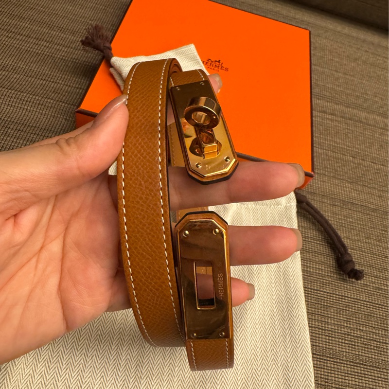 Hermes kelly扣 金棕金扣 stamp Z腰帶 腰圍可調-5