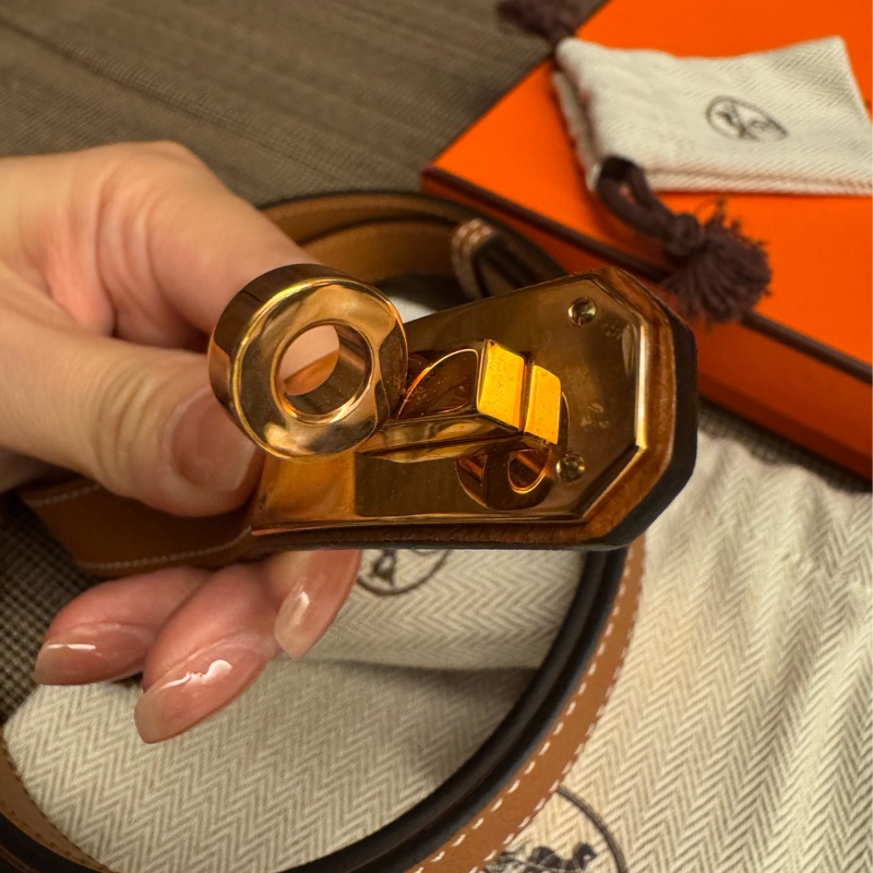 Hermes kelly扣 金棕金扣 stamp Z腰帶 腰圍可調-6