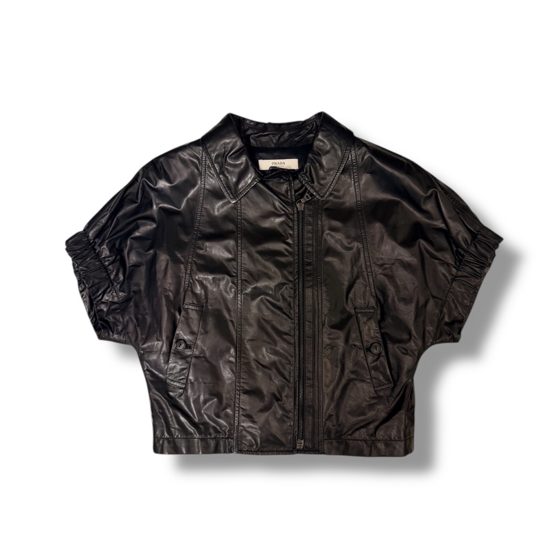 🍒PRADA Vintage黑色短袖拉鍊皮外套size:44/2F251204-1-4