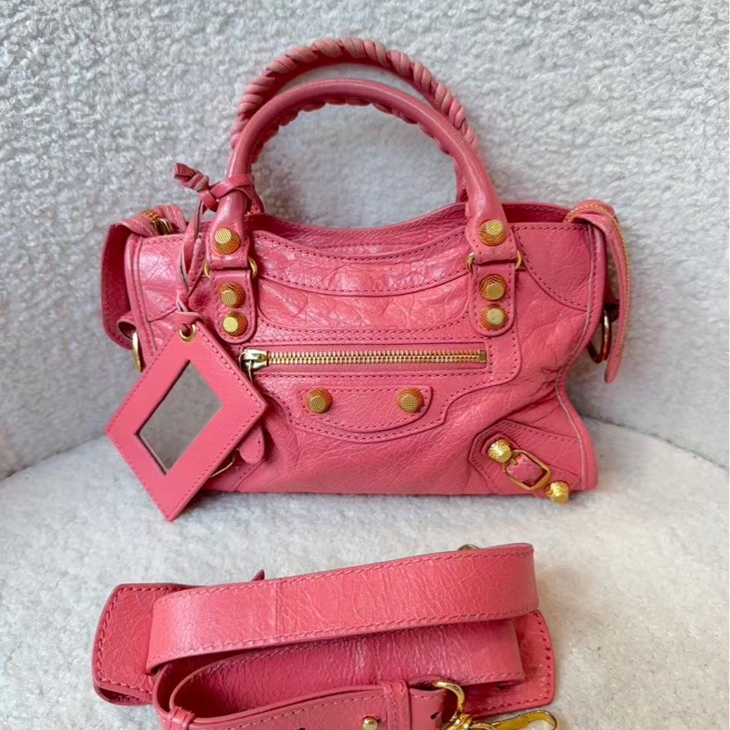 Balenciaga 油臘皮粉色機車迷你包底長23.5 98新配件塵袋-0