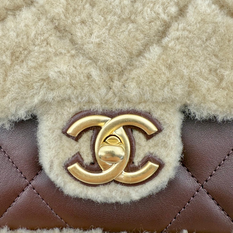 Chanel 25K Beige Shearling and Brown Lambskin Flap Bag with Gold Hardware-1