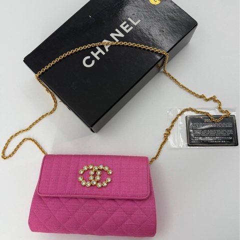 Chanel Vintage Quilted Canvas Rhinestone Pink Flap Bag