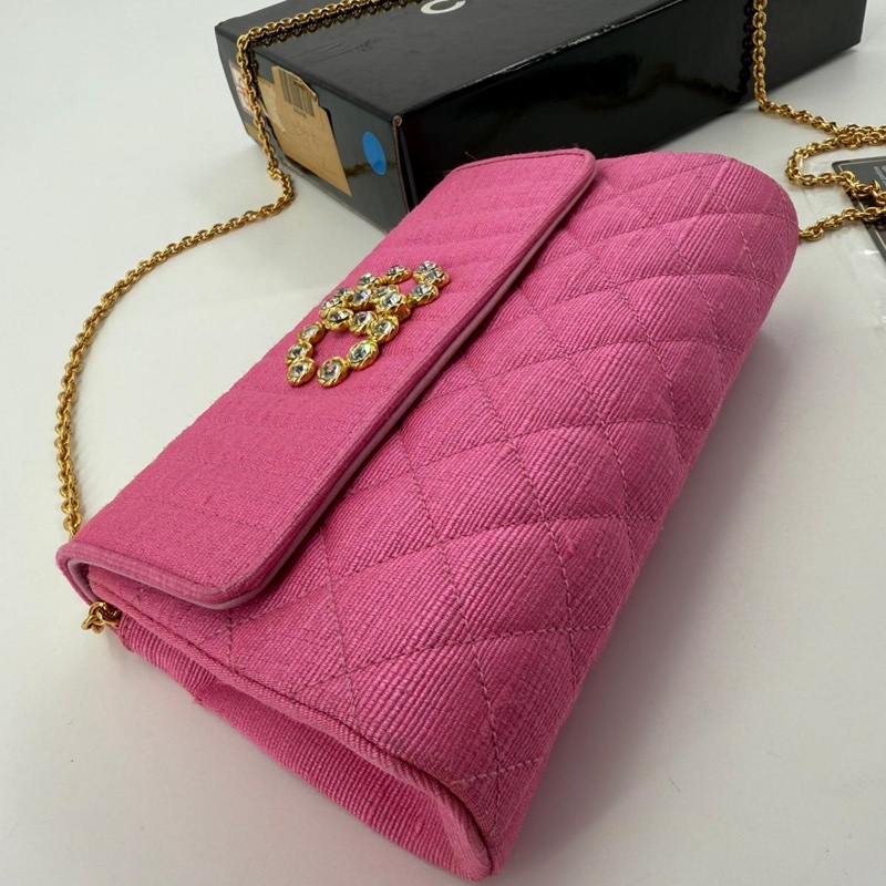Chanel Vintage Quilted Canvas Rhinestone Pink Flap Bag-2
