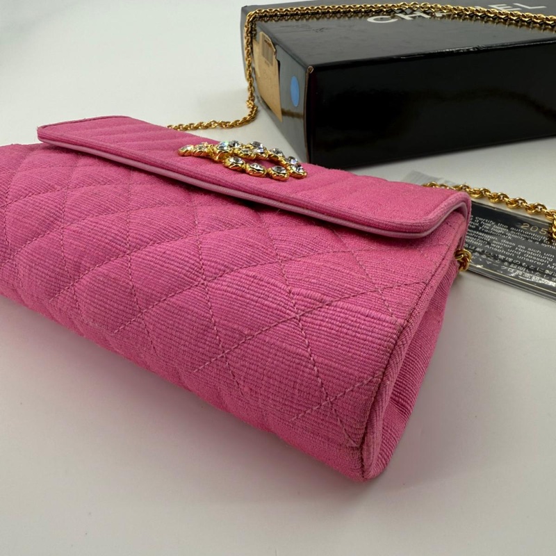 Chanel Vintage Quilted Canvas Rhinestone Pink Flap Bag-3