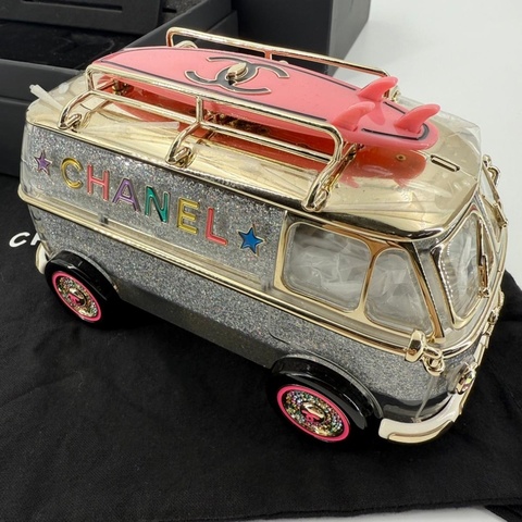 Chanel Cruise 2024 Silver Glitter Lucite, Multicolor Rhinestone & Enamel Hollywood Mini Van Minaudière with Light Gold Hardware