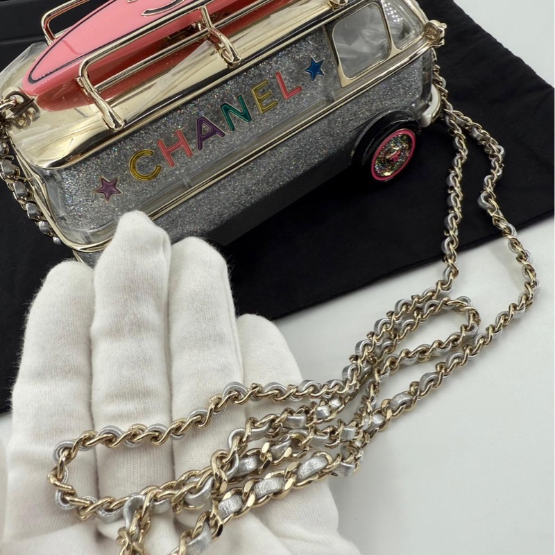 Chanel Cruise 2024 Silver Glitter Lucite, Multicolor Rhinestone & Enamel Hollywood Mini Van Minaudière with Light Gold Hardware-11