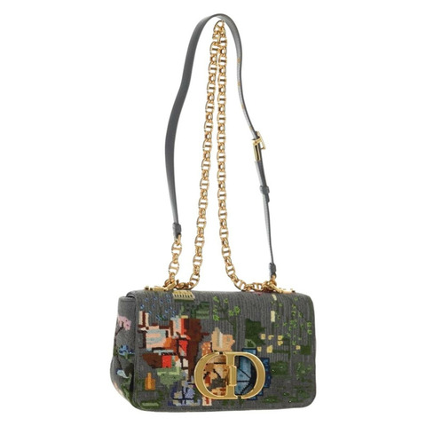 Christian Dior 鏈條 Caro 單肩包，棉質，灰色，金色，正品，貨號 152452AM