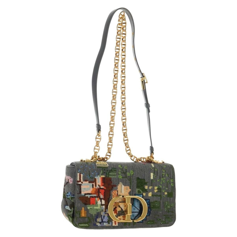 【日本直送】Christian Dior Caro 鏈條肩背包，棉質，灰色，金色，正品，貨號 152452AM-0