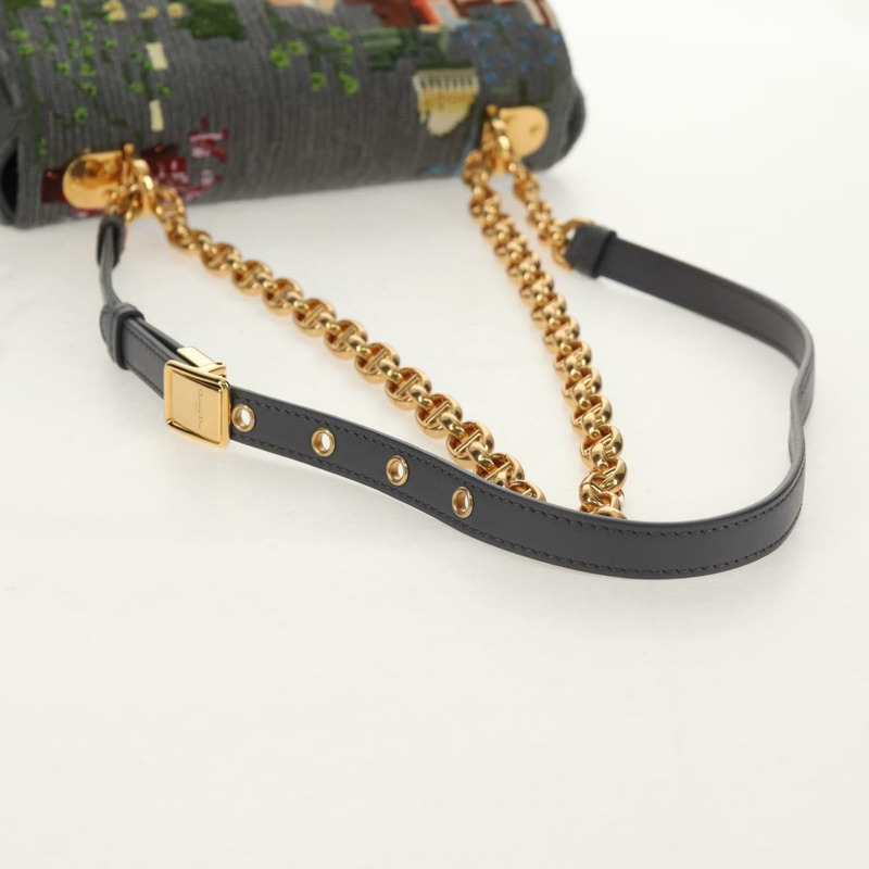【日本直送】Christian Dior Caro 鏈條肩背包，棉質，灰色，金色，正品，貨號 152452AM-6
