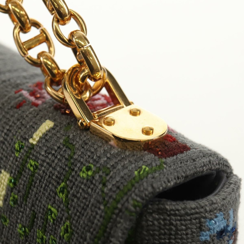 【日本直送】Christian Dior Caro 鏈條肩背包，棉質，灰色，金色，正品，貨號 152452AM-8