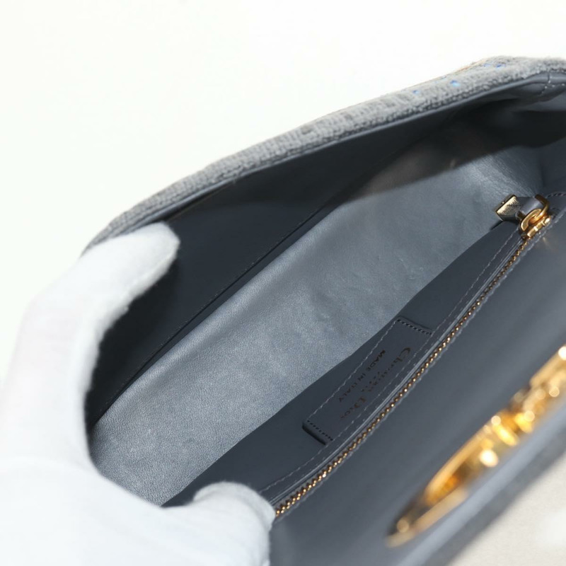 【日本直送】Christian Dior Caro 鏈條肩背包，棉質，灰色，金色，正品，貨號 152452AM-9