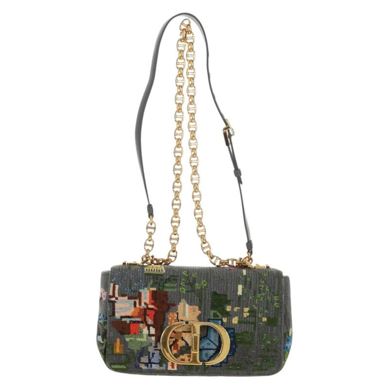 【日本直送】Christian Dior Caro 鏈條肩背包，棉質，灰色，金色，正品，貨號 152452AM-12