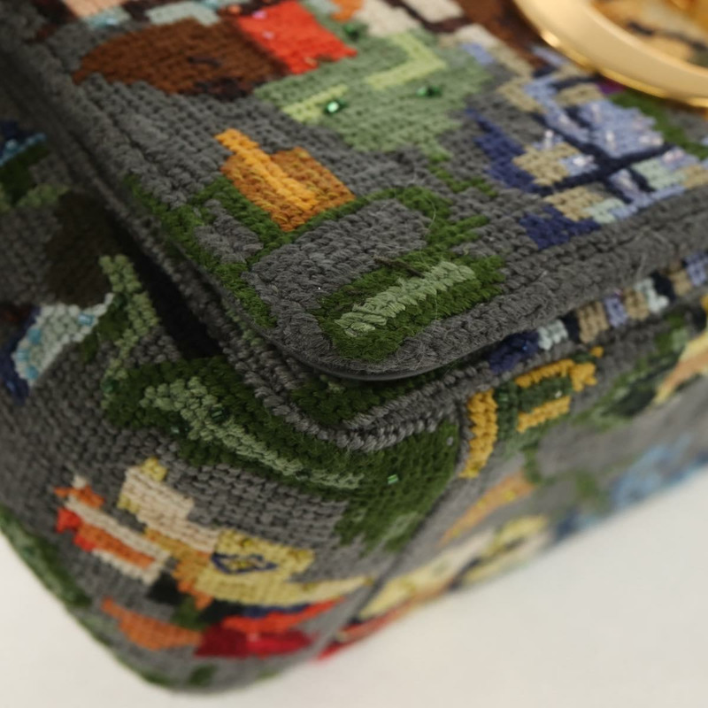 【日本直送】Christian Dior Caro 鏈條肩背包，棉質，灰色，金色，正品，貨號 152452AM-14