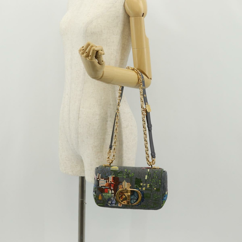 【日本直送】Christian Dior Caro 鏈條肩背包，棉質，灰色，金色，正品，貨號 152452AM-27