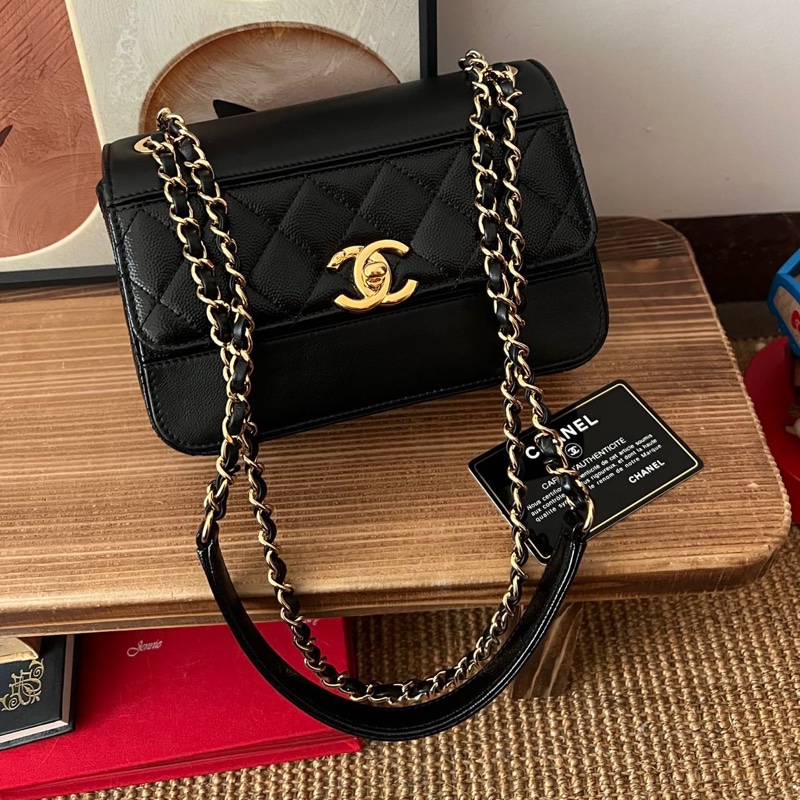 【近新閒置品】Chanel香奈兒黑金油蠟皮拼皮季節鏈條包28開手提單肩包斜挎包-0