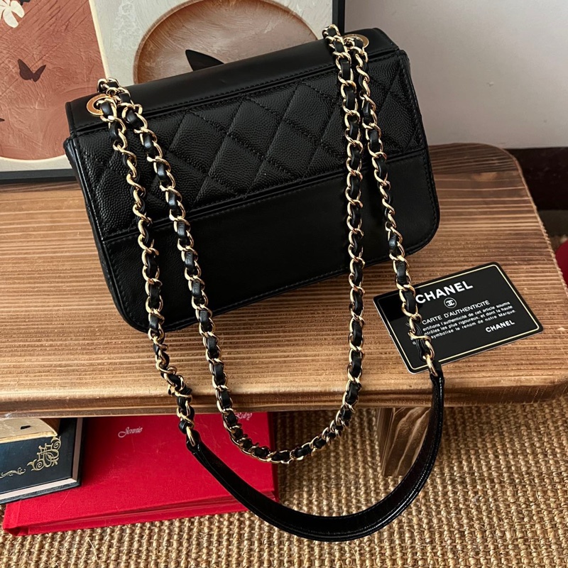 【近新閒置品】Chanel香奈兒黑金油蠟皮拼皮季節鏈條包28開手提單肩包斜挎包-1