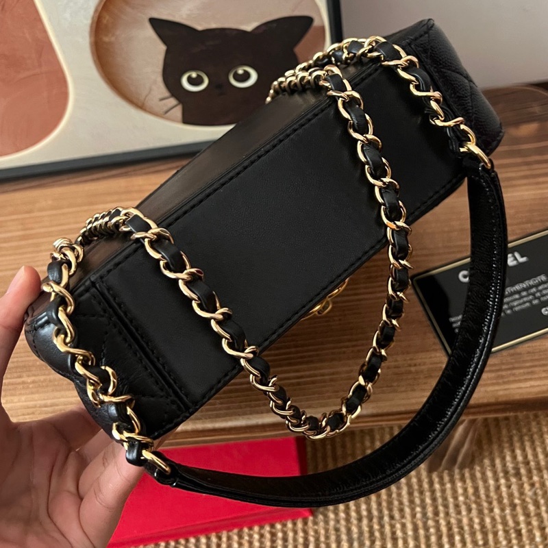 【近新閒置品】Chanel香奈兒黑金油蠟皮拼皮季節鏈條包28開手提單肩包斜挎包-2
