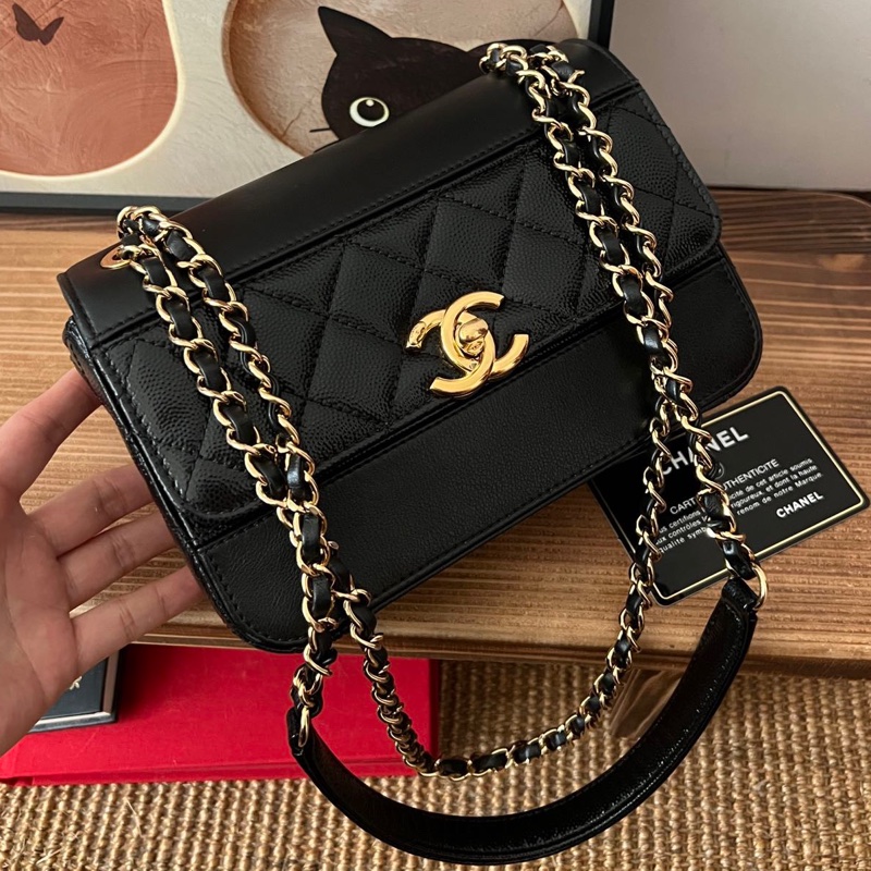 【近新閒置品】Chanel香奈兒黑金油蠟皮拼皮季節鏈條包28開手提單肩包斜挎包-4