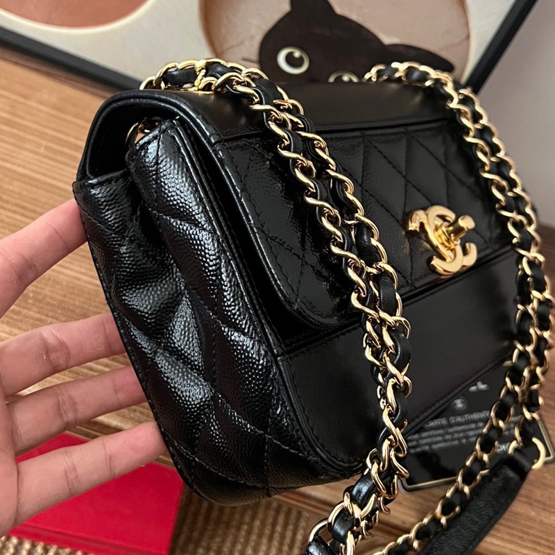 【近新閒置品】Chanel香奈兒黑金油蠟皮拼皮季節鏈條包28開手提單肩包斜挎包-5