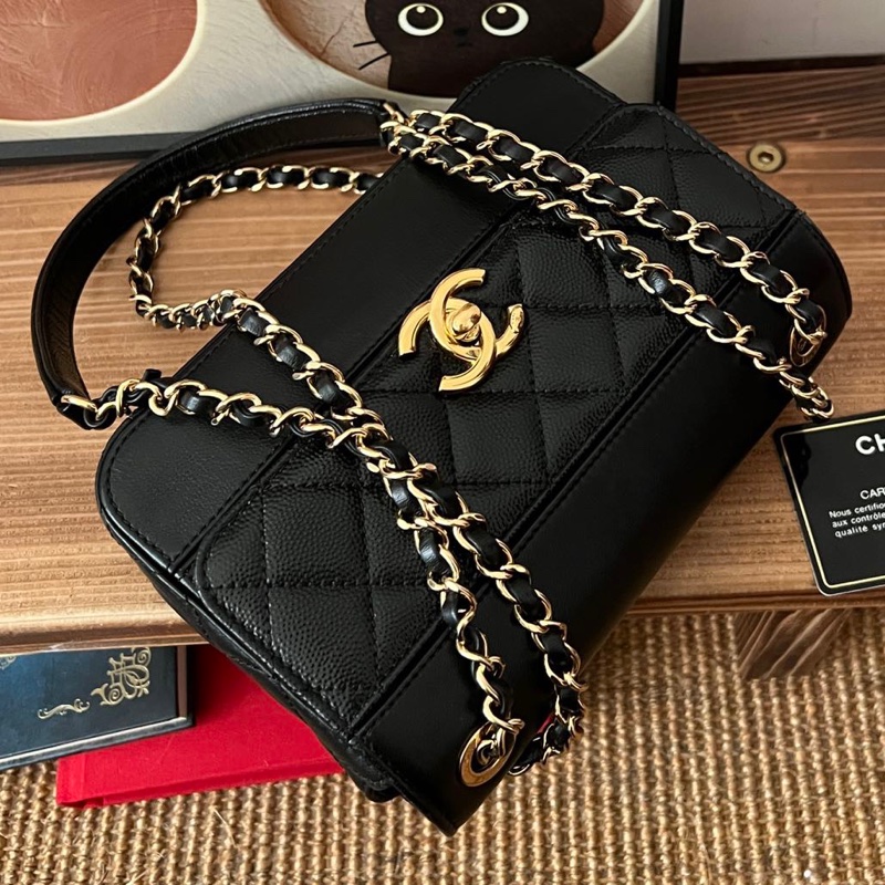 【近新閒置品】Chanel香奈兒黑金油蠟皮拼皮季節鏈條包28開手提單肩包斜挎包-6