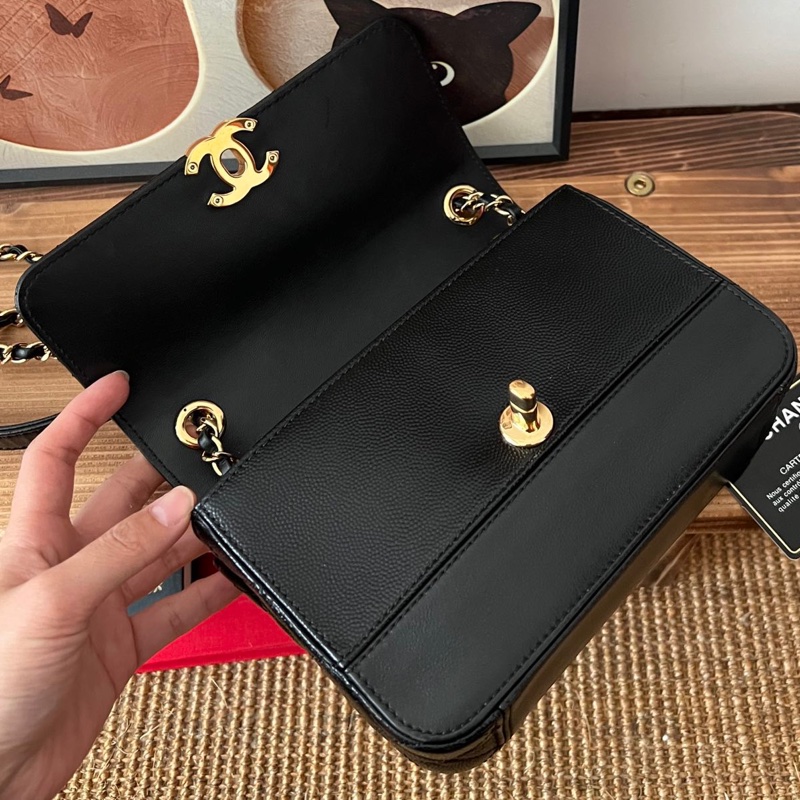 【近新閒置品】Chanel香奈兒黑金油蠟皮拼皮季節鏈條包28開手提單肩包斜挎包-7