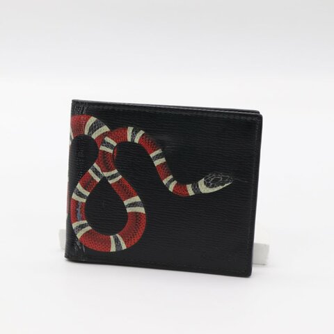 Gucci 古馳 珊瑚蛇 黑色 皮革 帆布 雙折 短夾錢包