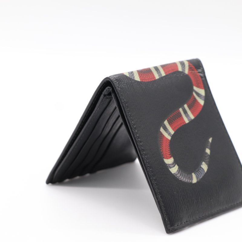 Gucci 古馳 珊瑚蛇 黑色 皮革 帆布 雙折 短夾錢包-3