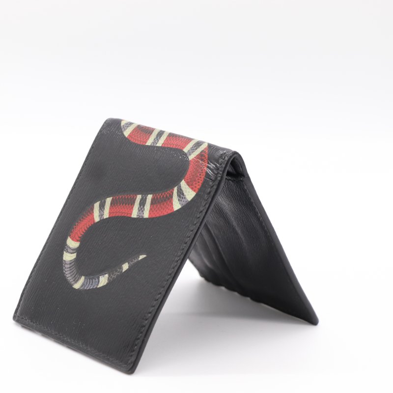 Gucci 古馳 珊瑚蛇 黑色 皮革 帆布 雙折 短夾錢包-4